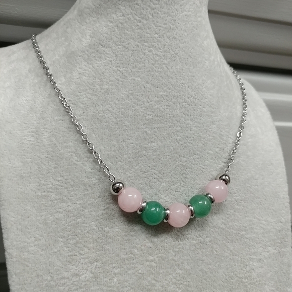 Rose Quartz Aventurine Beaded Necklace Natural Gemstone Crystal Stainless-Steel - Picture 7 of 14